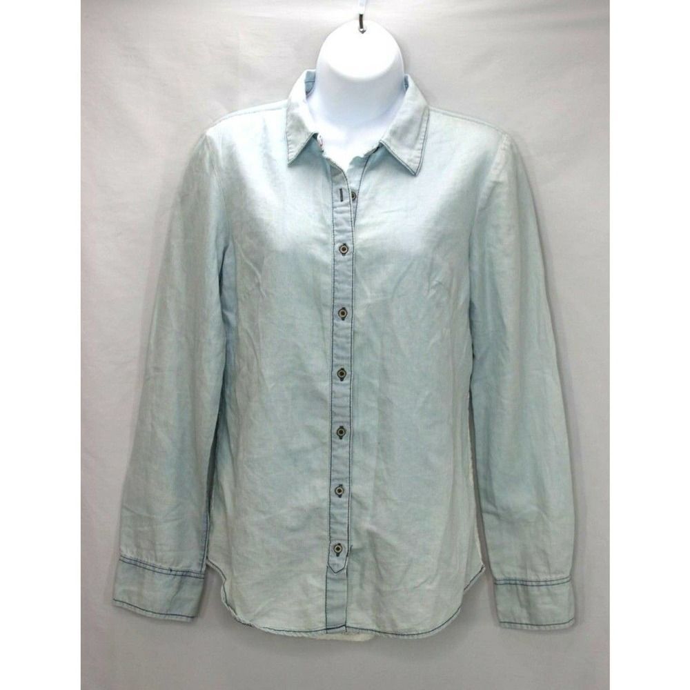 Maurices Chambray Button Shirt Sz XS Blue Crochet Lace Back Long Sleeve NWT